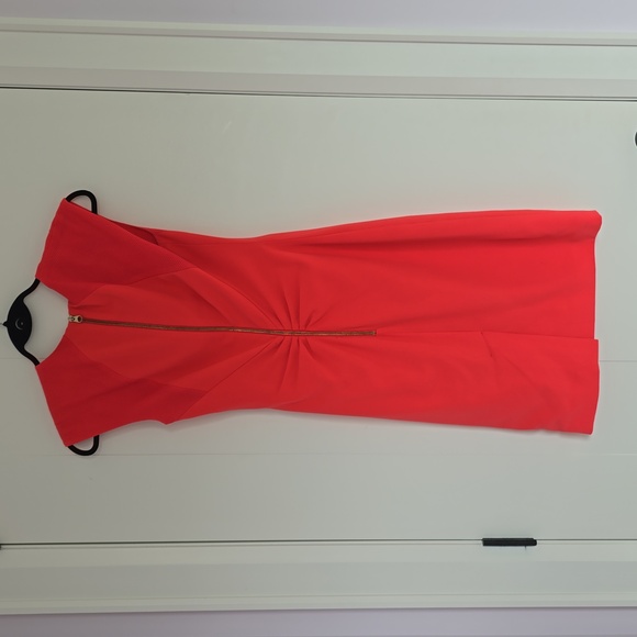 Ted Baker Dress Bright Coral Ruched Calf Length Sheath Ted Size 1 (US 4) - Picture 12 of 15